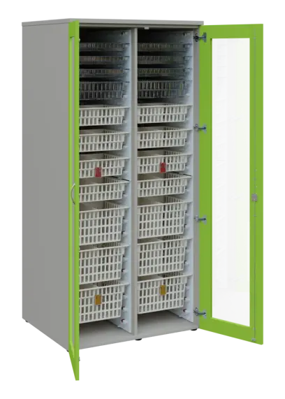 EUROMEDICA S - 90 skříň léková boxová, 2-dveřová/prosklená, 1950x900x735, korpus šedý, dvířka jarní zeleň